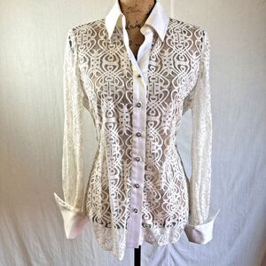 Etcetera Women's White Lace Fitted Long Sleeve Button Up Shirt Blouse Sz 8